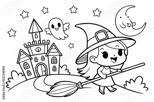 cartoon illustration of a witch with a broom for coloring book, coloring page, kids