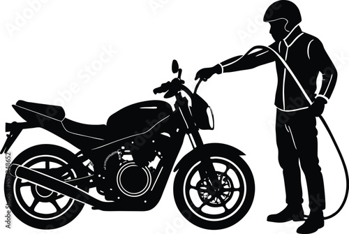 Vector art of a man fueling a motorcycle at a gas pump isolated on white background