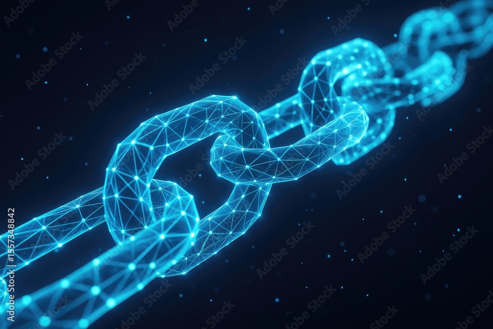 Glowing blue digital chain links interconnected blockchain technology Glowing blue digital chain links interconnected blockchain technology