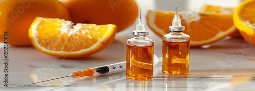 Two vials filled with an orange liquid are next to a syringe and several orange slices. The image is one of many in a stock photo submission interface.