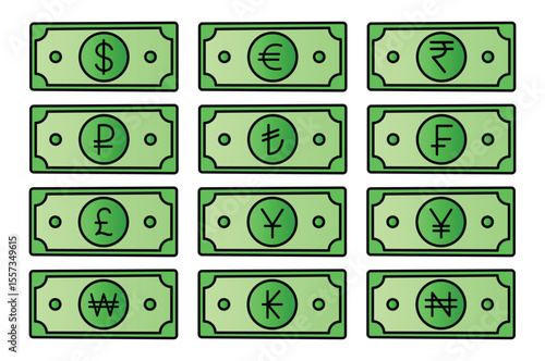Flat Vector Set of Currency Banknotes with International Currency Symbols – Dollar, Euro, Rupee, Pound, Yen, and More