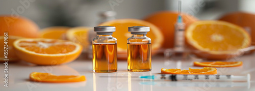 Two vials filled with an orange liquid are next to a syringe and several orange slices. The image is one of many in a stock photo submission interface.