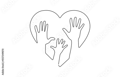 Volunteer day single line animated illustration with rised up hands and hearts,  Hands up with different skin color, volunteers needed, togetherness, charity