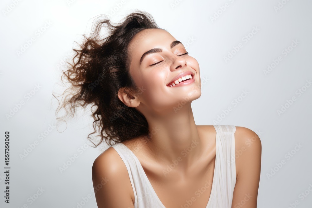 Beauty portrait of an attractive young woman with curly hair smiling with closed eyes Beauty portrait of an attractive young woman with curly hair smiling with closed eyes