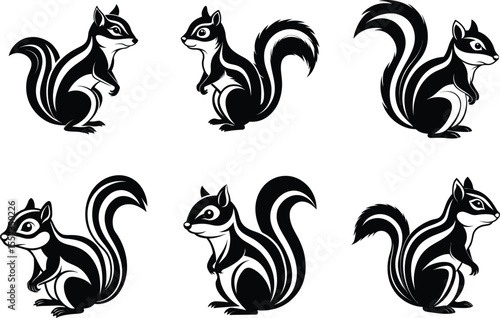 Chipmunk silhouette vector, forest animal icon, black and white rodent art set, woodland wildlife outline, minimal chipmunk drawing
