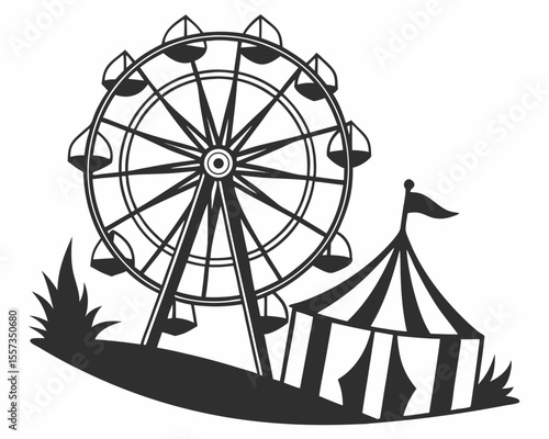 Black and white carnival scene with ferris wheel and circus tent on transparent background