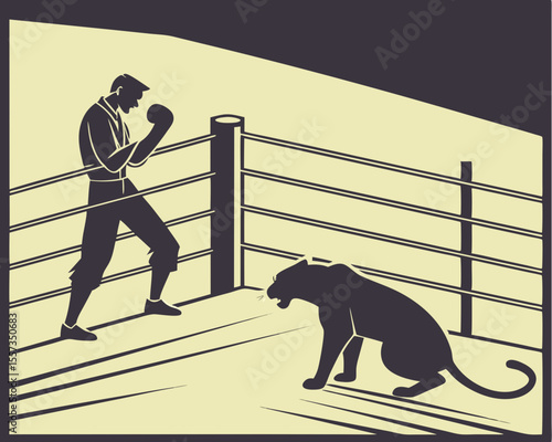 Boxer confronting a fierce panther in the boxing ring silhouette design