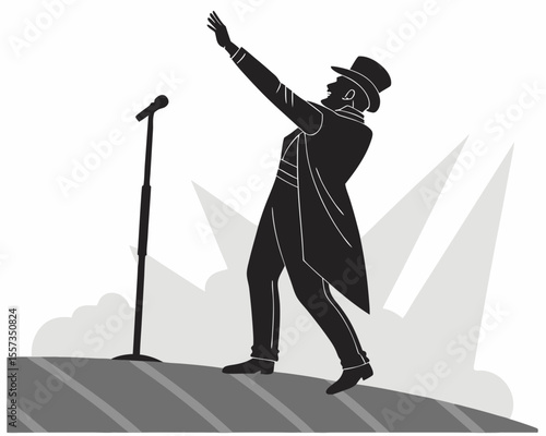 Elegant performer silhouette singing on stage with microphone and stage lighting vector