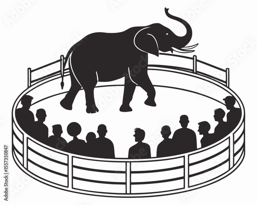 Illustration of a circus elephant performing in the ring with audience watching