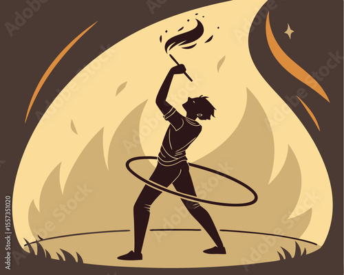 Silhouette of a fire performer with a hoop and torch on a transparent background