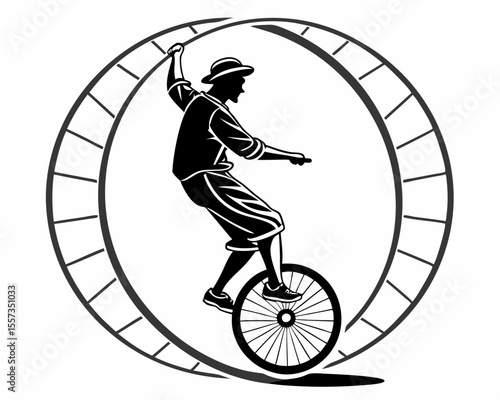 Silhouette of a unicyclist performing in a circus wheel against a transparent background