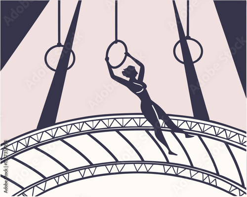 Silhouette of an acrobat performing on aerial rings with architectural details with transparency