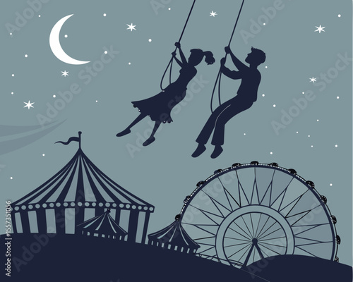 Silhouette of couple swinging above carnival with ferris wheel and tent design