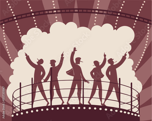 Silhouetted vintage performers on stage with dramatic lighting artistic illustration
