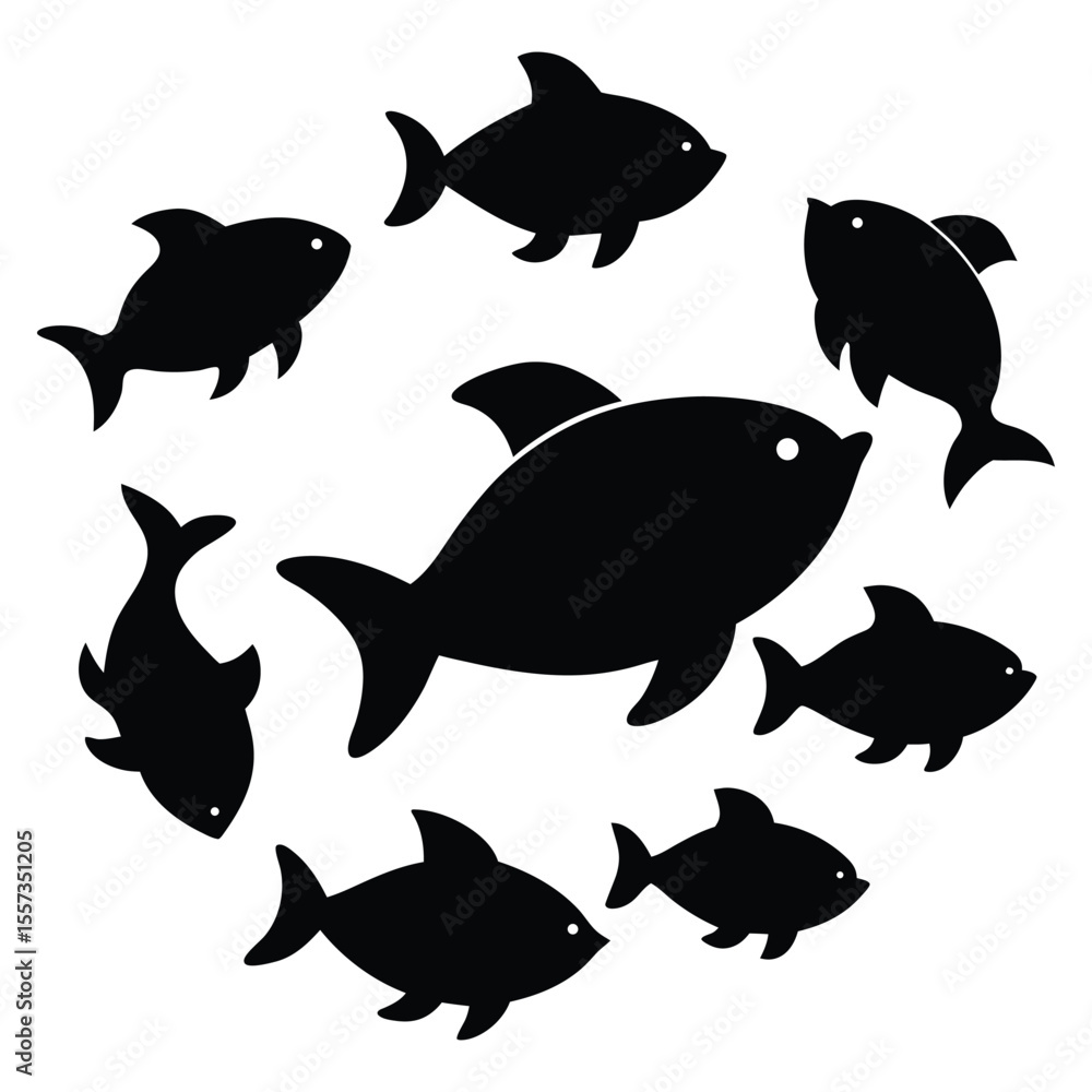 Set of fish and sea animals in cartoon and silhouette style for ocean and aquarium design Set of fish and sea animals in cartoon and silhouette style for ocean and aquarium design