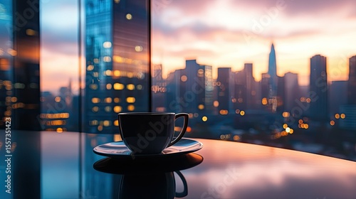 A serene morning scene featuring a steaming cup of coffee on a sleek table, with a vibrant city skyline illuminated by the glow of sunrise in the background