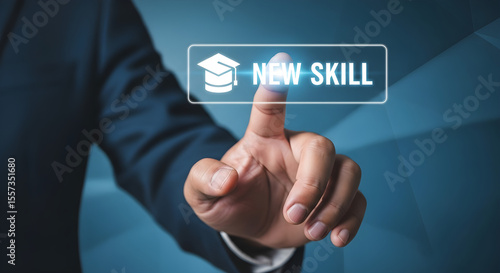A finger touching a button with a graduation cap and the words new skill on it on transparent background