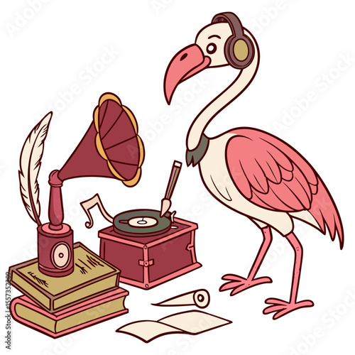 Cute SVG of a Bashful Flamingo in Vintage Library colors, featuring wearing headphones in a Vintage Library setting