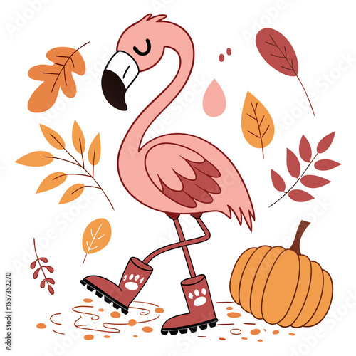 Vector illustration of a Bashful Flamingo with wearing rain boots, styled in a Autumn theme using Autumn Leaves colors