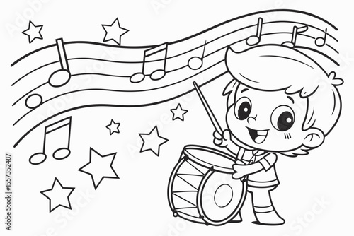a cute child is playing drumband for coloring book, coloring page, kids