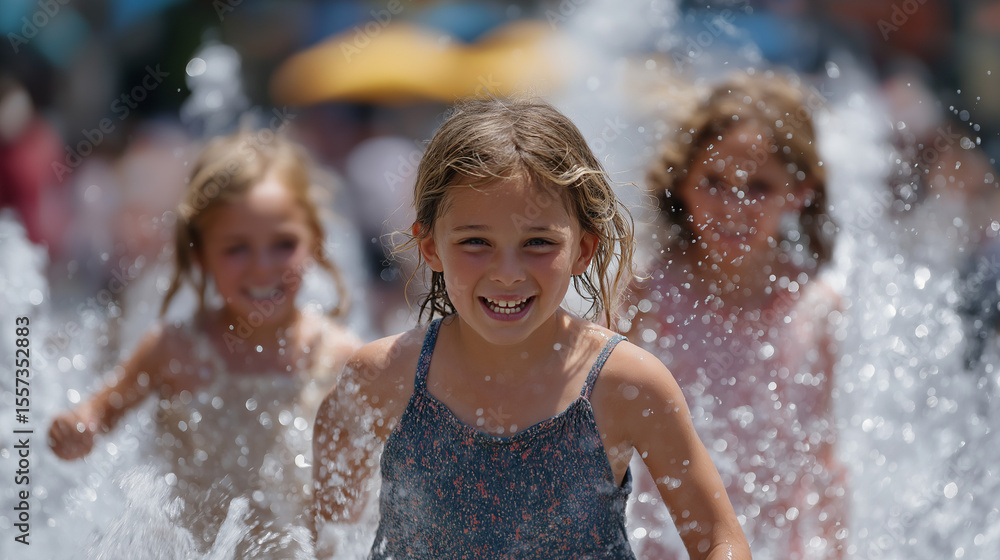 Obraz premium Mother and daughters enjoying summer fun at a city fountain