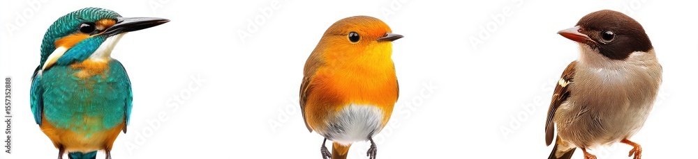 Obraz premium Three birds of different colors against a white background