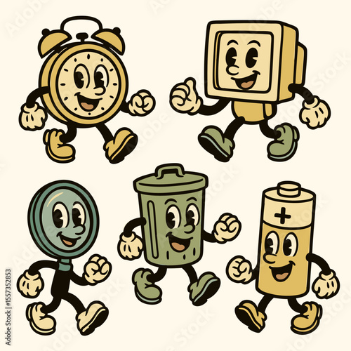 Retro Cartoon Mascot Characters of Clock, Computer, Magnifier, Trash Can, and Battery
