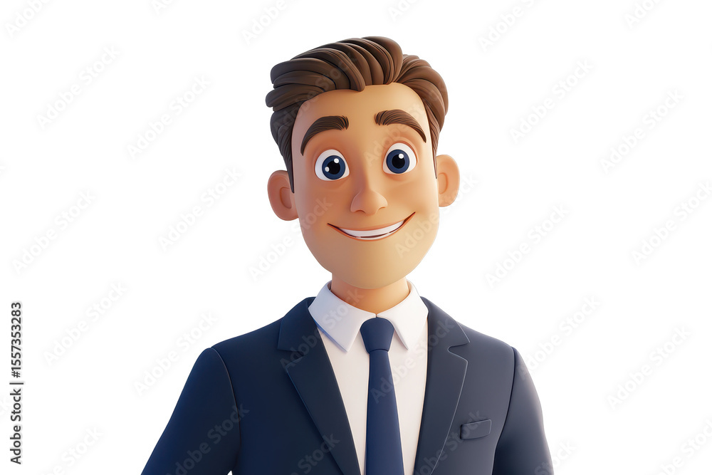 A businessman in a suit smiling at a camera in a professional setting. isolated in 3d cartoon character on white background A businessman in a suit smiling at a camera in a professional setting. isolated in 3d cartoon character on white background