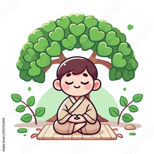 Cartoon Boy Meditating under Tree in Lotus Position Illustration
