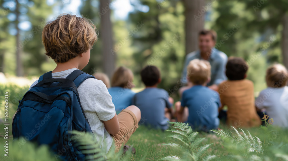 Fototapeta premium Schoolkids Learning About Nature in a Forest Setting