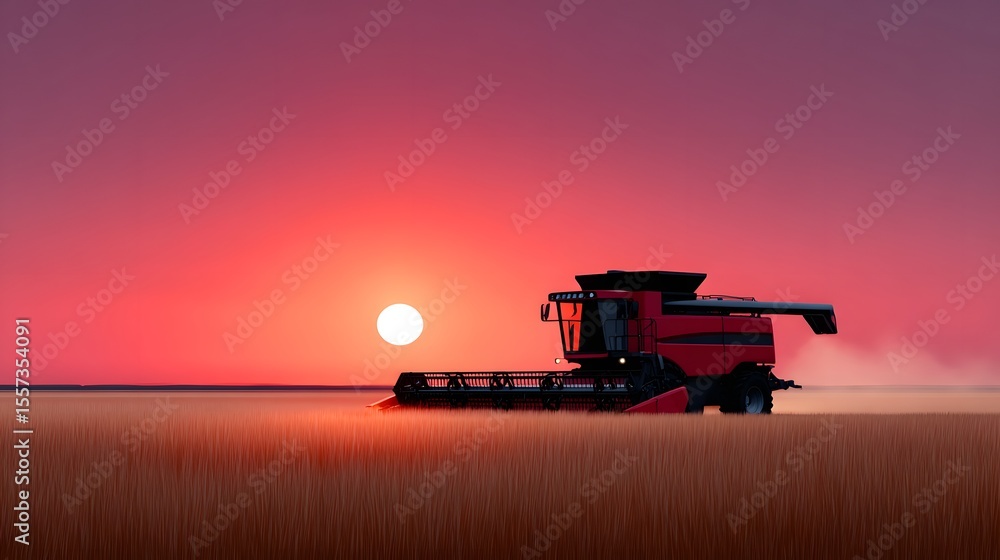 Fototapeta premium Tractor harvesting crops in a field at sunset