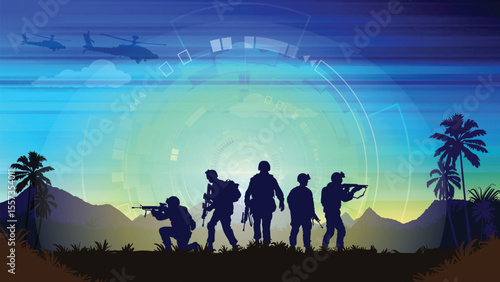 Military Army Background Banner Vector Template Battle Scene with Tanks and Artillery, Military Operation Night Combat in a Futuristic Landscape, Military Combat Scene Soldiers in Action