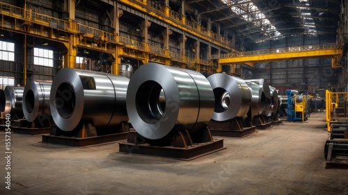 Large steel coils arranged in an industrial warehouse during daylight hours