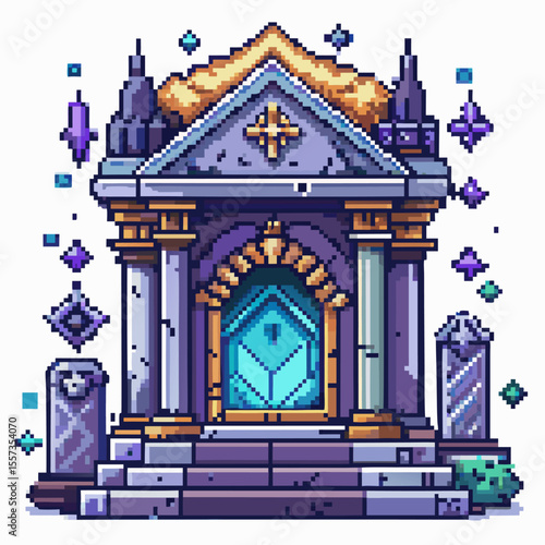 Pixel Art Ancient Temple Entrance   Mythical Fantasy Building with Columns and Glowing Door