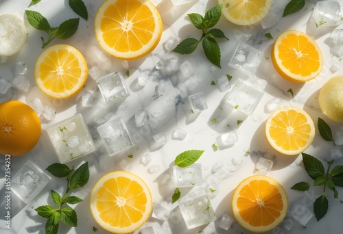 A vibrant arrangement of sliced lemons, ice cubes, and mint leaves on a marble surface, capturing freshness and summery refreshment.

