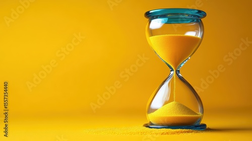 A transparent hourglass with yellow sand slowly flowing from the top to the bottom against a solid yellow background.