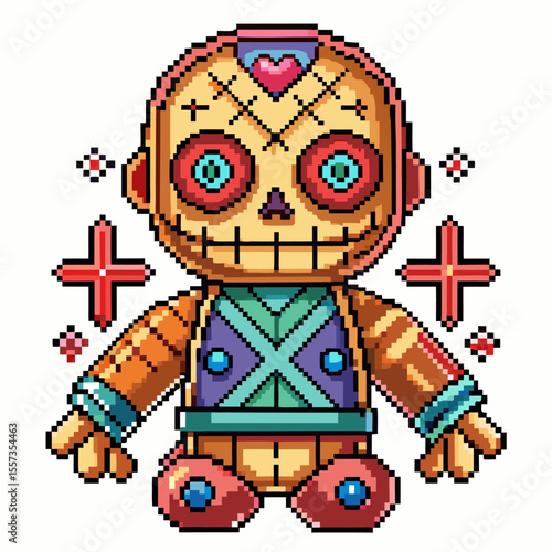 Pixel Art Voodoo Doll with Colorful Patterns and Textured Details