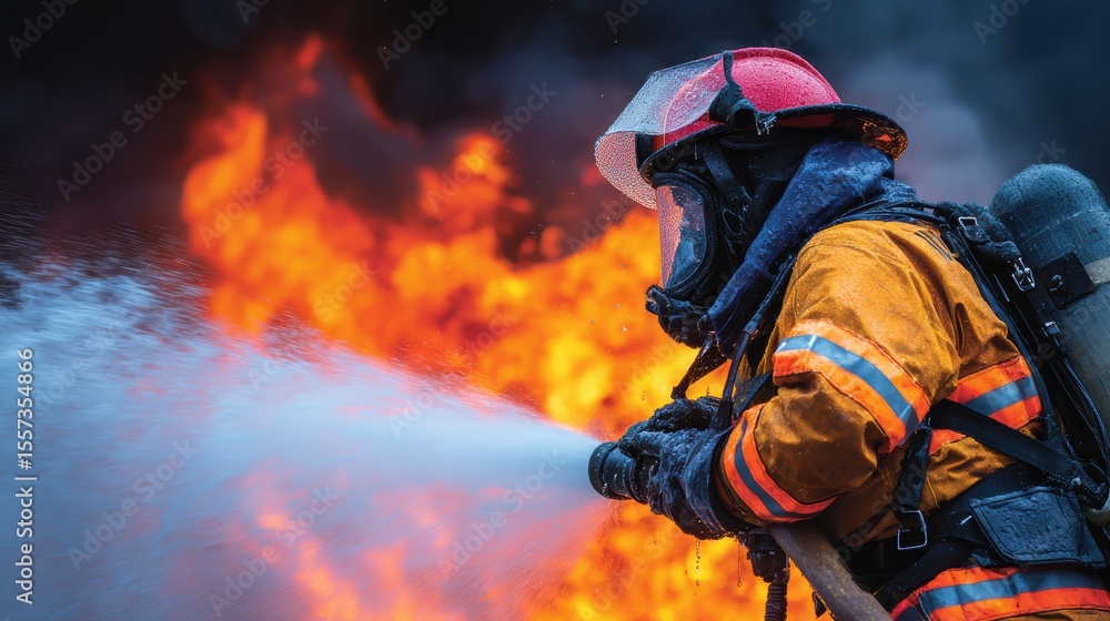 Naklejka premium A firefighter in full gear sprays water to extinguish a large, intense blaze with thick smoke in the background