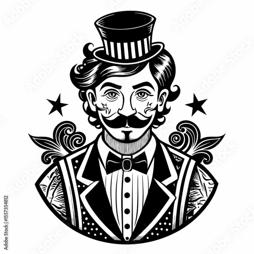 Vintage Gentleman with Mustache and Top Hat   Black and White Graphic Illustration