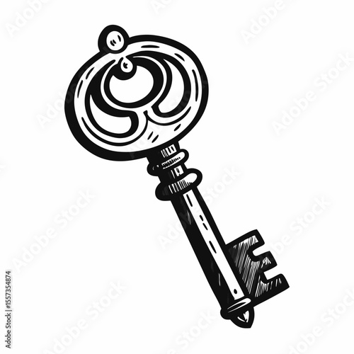 Vintage Hand Drawn Skeleton Key Illustration in Black and White