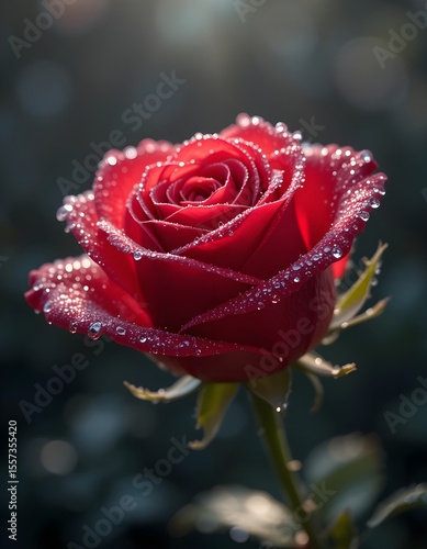 A close-up of a vibrant red rose covered in dewdrops, capturing its delicate beauty and romantic essence.

