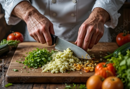 A chef skillfully chopping fresh vegetables on a wooden cutting board, showcasing precision and culinary expertise in a vibrant kitchen setting.