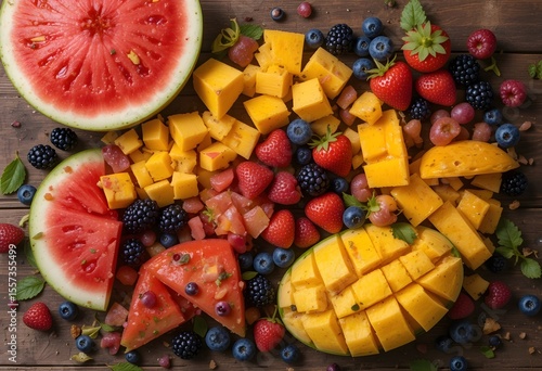A vibrant fruit spread featuring watermelon, mango, berries, and other colorful fruits on a rustic wooden table, showcasing fresh, healthy ingredients.