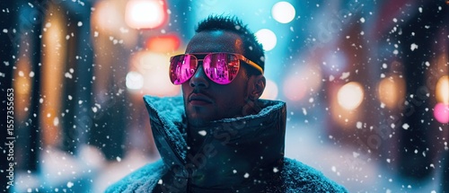 Stylish man in pink sunglasses in a snowy city