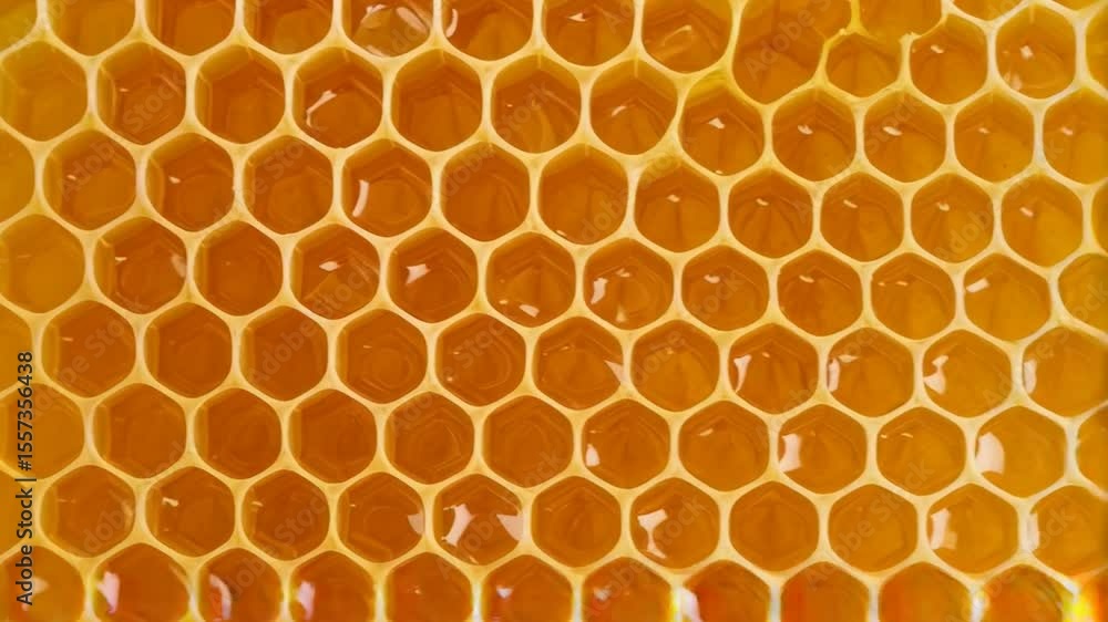 Golden honeycomb detail showing honey filled hexagonal cells for natural product, food concepts or healthy nutrition ideas