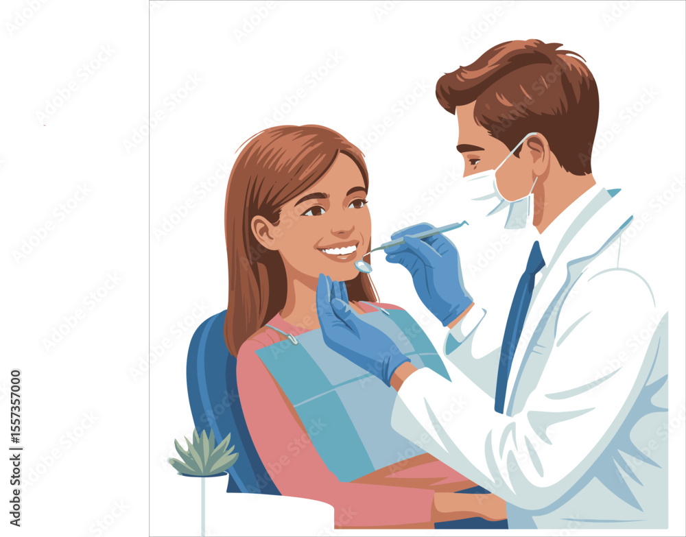 Friendly male dentist examining a smiling young woman s teeth with dental tools Friendly male dentist examining a smiling young woman s teeth with dental tools