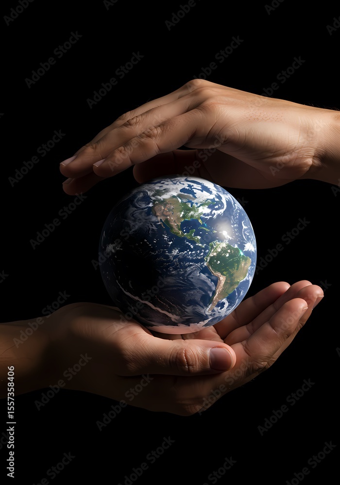 A pair of hands holding a globe with north and south america visible on a black background A pair of hands holding a globe with north and south america visible on a black background