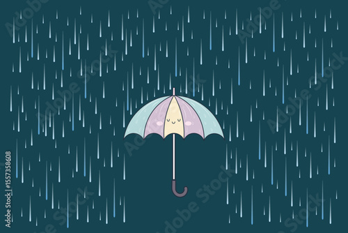Cartoon-style umbrella and water drops, vector flat design in soft pastel colors for rainy day scenes, children’s backgrounds, nursery designs, and seasonal fabric prints
