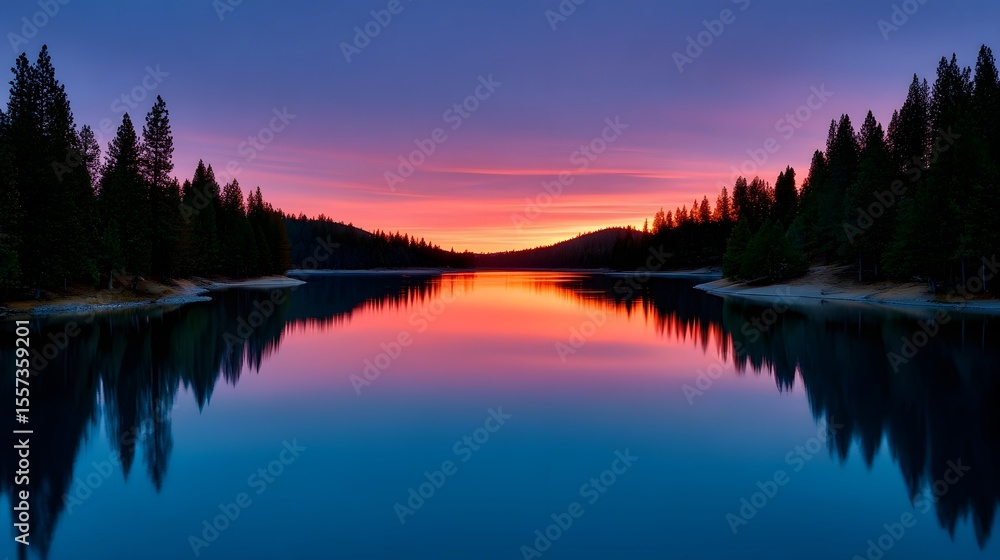 Fototapeta premium Serene lake with stunning sunset reflection