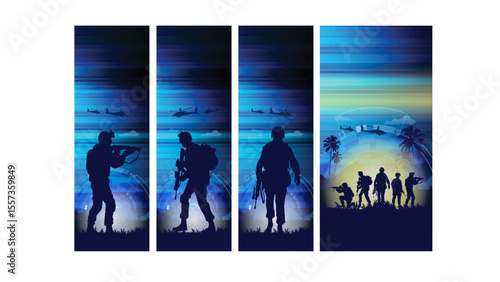 Military Army Background Banner Vector Template Battle Scene with Tanks and Artillery, Military Operation Night Combat in a Futuristic Landscape, Military Combat Scene Soldiers in Action
